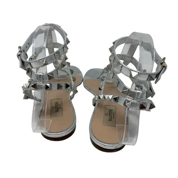 Valentino Garavani Silver Rockstud Flat Sandals Studded Leather Size 37.5 - Picture 4 of 10